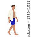 Man Walking in Summer Clothing Barefoot with Swim Shorts Illustration 138941511