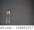 Brass-colored spoon and fork set, black background 138941557