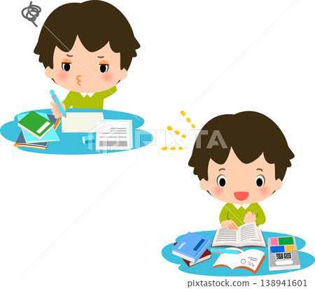 A boy reluctantly doing his homework and a boy happily studying. A boy reluctantly doing his homework and a boy happily studying. 138941601