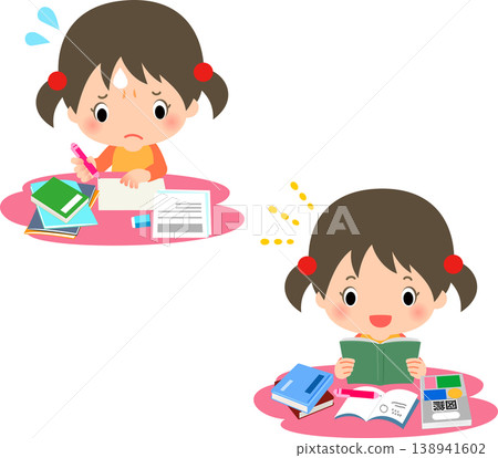 A girl struggling with her homework and another girl enjoying studying. 138941602