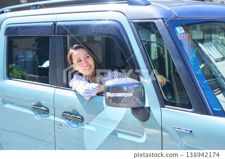 一位日本女子坐在汽車駕駛座上,望著窗外,帶著微笑。 一位日本女子坐在汽車駕駛座上,望著窗外,帶著微笑。 138942174