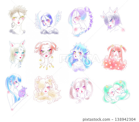 12 Zodiac Sign Personification Girl Illustration Set - Fortune Telling, Watercolor Style, Beautiful Girl Paintings 138942304