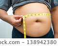 Asian woman with fat belly big size overweight and obesity with measure tape. 138942380