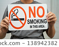Male holding a no smoking sign. 138942382