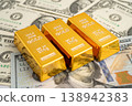Gold bar on US dollar and Euro banknote, economy finance exchange trade investment. 138942383