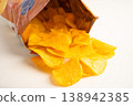 Potato chips, delicious BBQ seasoning spicy for crips, thin slice deep fried snack fast food in open bag. 138942385