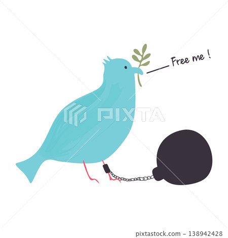 Peace dove light blue color with olive branch was chained up hand drawn childish style isolated on white background Peace dove light blue color with olive branch was chained up hand drawn childish style isolated on white background 138942428
