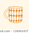 Hand drawn vector illustration of a vintage ceramic mug with yellow and white geometric patterns. Simple doodle graphic of a retro coffee cup for kitchen interior or mid century style design 138942437