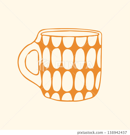 Hand drawn vector illustration of a vintage ceramic mug with yellow and white geometric patterns. Simple doodle graphic of a retro coffee cup for kitchen interior or mid century style design 138942437