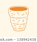 Hand drawn vector illustration of a rustic handmade pottery mug with rough texture, horizontal yellow stripes. Cozy doodle graphic of ceramic coffee cup for farmhouse kitchen interior or craft market 138942438