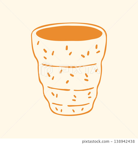 Hand drawn vector illustration of a rustic handmade pottery mug with rough texture, horizontal yellow stripes. Cozy doodle graphic of ceramic coffee cup for farmhouse kitchen interior or craft market Hand drawn vector illustration of a rustic handmade pottery mug with rough texture, horizontal yellow stripes. Cozy doodle graphic of ceramic coffee cup for farmhouse kitchen interior or craft market 138942438