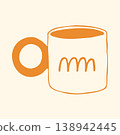 Vector illustration of a white ceramic mug with a solid yellow round handle and wavy abstract lines. Trendy doodle graphic of a modern coffee cup for stylish kitchen decor or food photography 138942445
