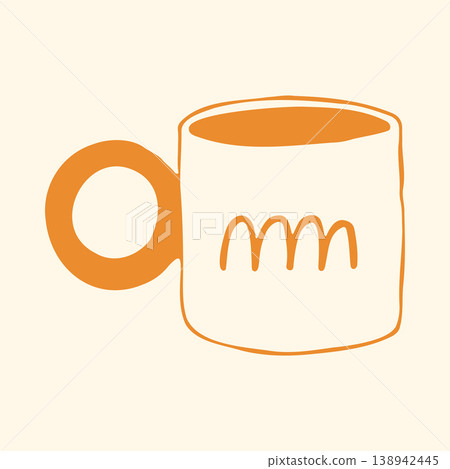 Vector illustration of a white ceramic mug with a solid yellow round handle and wavy abstract lines. Trendy doodle graphic of a modern coffee cup for stylish kitchen decor or food photography Vector illustration of a white ceramic mug with a solid yellow round handle and wavy abstract lines. Trendy doodle graphic of a modern coffee cup for stylish kitchen decor or food photography 138942445