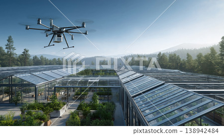 Futuristic eco farm rooftop powered by AI irrigation drone over modern greenhouse complex 138942484