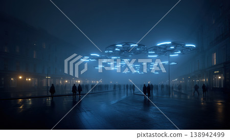 Futuristic street, AI drone lamps, neon city, night fog atmosphere, cyberpunk mood, crowd silhouette urban wonder Futuristic street, AI drone lamps, neon city, night fog atmosphere, cyberpunk mood, crowd silhouette urban wonder 138942499