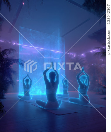 Futuristic yoga studio holographic guide neon glow meditation group calm atmosphere in tropical interior space Futuristic yoga studio holographic guide neon glow meditation group calm atmosphere in tropical interior space 138942507