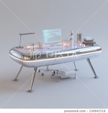 Futuristic office desk, holographic screen, glass lamp, modern chair, silver minimal style, soft light mood Futuristic office desk, holographic screen, glass lamp, modern chair, silver minimal style, soft light mood 138942518