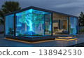 Futuristic smart home exterior night view with glowing hologram tree calm modern architecture luxury technology vibe 138942530