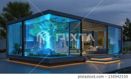 Futuristic smart home exterior night view with glowing hologram tree calm modern architecture luxury technology vibe Futuristic smart home exterior night view with glowing hologram tree calm modern architecture luxury technology vibe 138942530