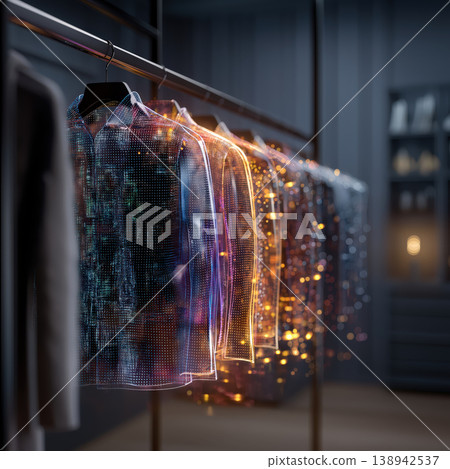 Digital wardrobe interface hologram smart clothing rack futuristic closet glowing fashion recommendation system 138942537