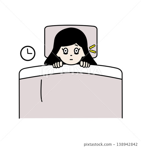 插圖描繪了一位患有失眠和夜間睡眠困難的女商人;以及她的身體疾病。 插圖描繪了一位患有失眠和夜間睡眠困難的女商人;以及她的身體疾病。 138942842