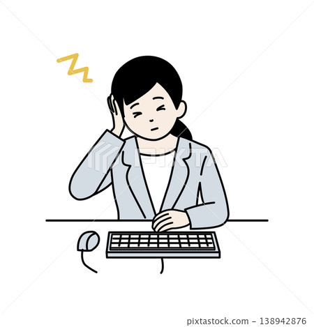 一幅簡單的插圖，描繪了一位女商人因頭痛而抱頭；身體不適。 138942876