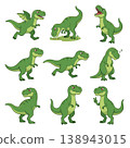 Cartoon dinosaurs engaging playful activities expressing various emotions such happiness, curiosity, sleepiness isolated white background. Green creatures walking, roaring, relaxing, interacting 138943015