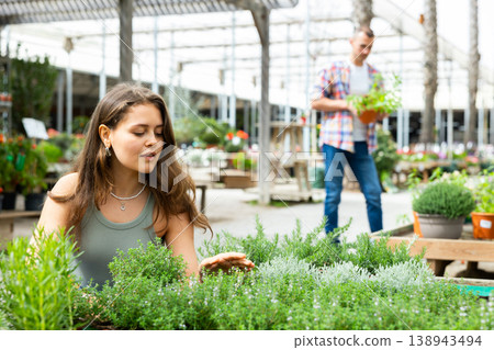 Young female customer choosing potted thyme at outdoor garden shop Young female customer choosing potted thyme at outdoor garden shop 138943494