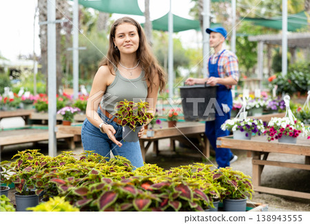 Cheerful girl choosing colorful potted Coleus blumei at garden market Cheerful girl choosing colorful potted Coleus blumei at garden market 138943555