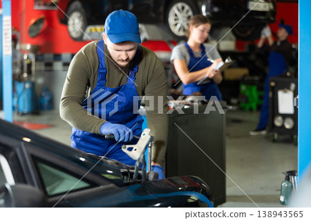 Professional mechanic man in uniform repairing car in auto repair garage Professional mechanic man in uniform repairing car in auto repair garage 138943565