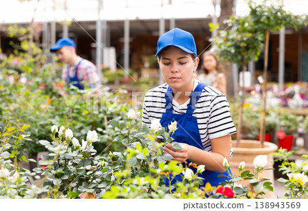 Female garden store employee examining potted rose bushes 138943569