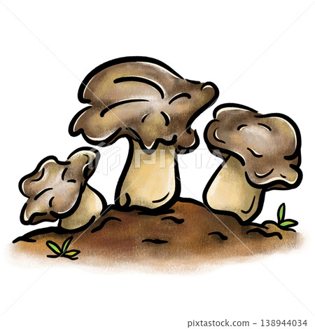 Three stylized mushrooms emerge from the brown soil cartoon crayon illustration Three stylized mushrooms emerge from the brown soil cartoon crayon illustration 138944034