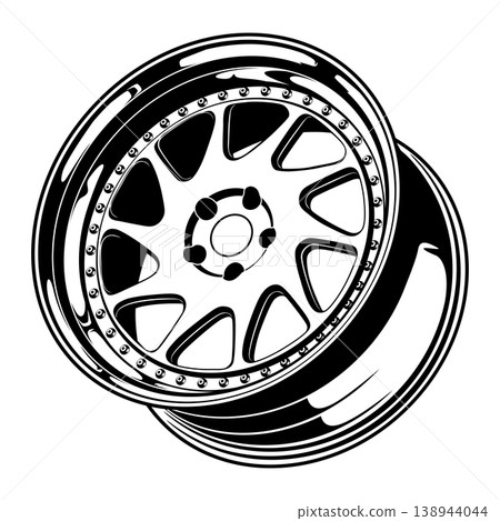 Black and white stylized car wheel design. 138944044