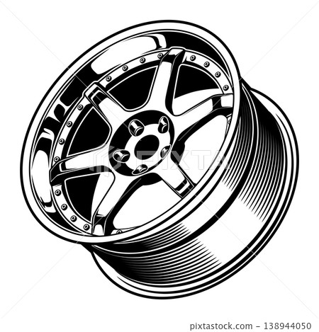 Black and white stylized car wheel design. 138944050