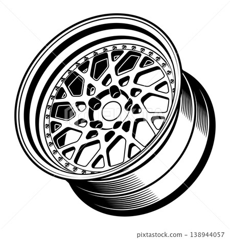 Black and white stylized car wheel design. 138944057