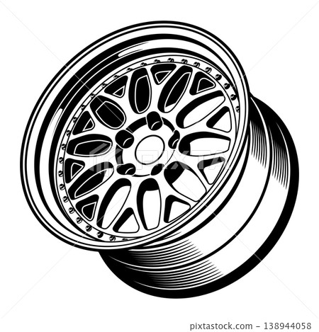 Black and white stylized car wheel design. 138944058