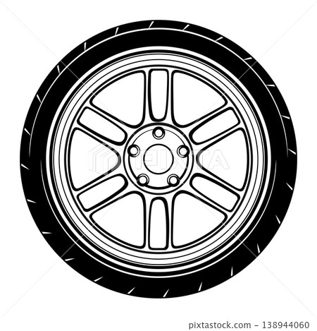 Black and white stylized car wheel design. Black and white stylized car wheel design. 138944060