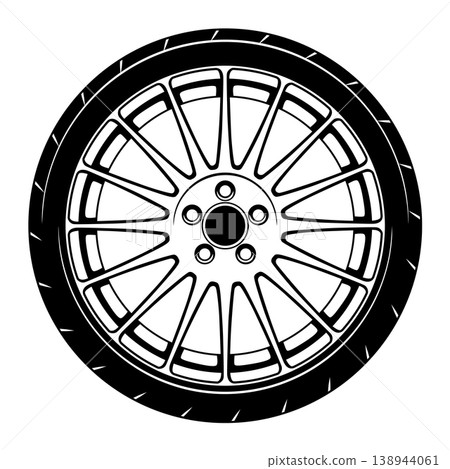 Black and white stylized car wheel design. 138944061