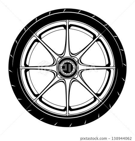 Black and white stylized car wheel design. 138944062