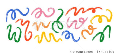 Hand drawn organic line collection. Brush stroke squiggle shape set. Vector charcoal chalk serpentine streamers. Color crayon curly wave element bundle. Wiggly scribble pack for party decor, poster 138944105