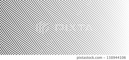 Black diagonal wave texture gradient. Wavy line pattern wallpaper. Fading curved linear halftone gradation. Thin to thick undulate stripe background for overlay, print, cover, graphic design. Vector Black diagonal wave texture gradient. Wavy line pattern wallpaper. Fading curved linear halftone gradation. Thin to thick undulate stripe background for overlay, print, cover, graphic design. Vector 138944106