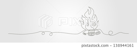 Fire crumpled single line art depicts a bonfire with blazing flames and smoldering wood. 138944161