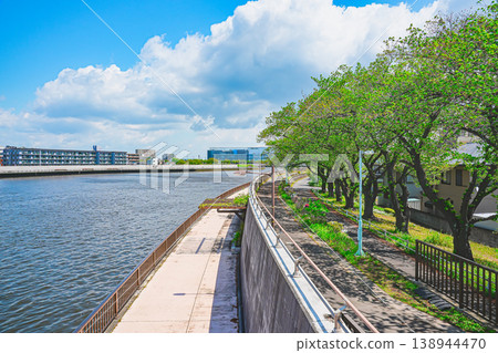 A view of the Nakagawa River in Katsushika, Tokyo, under the clear blue sky of early summer. A view of the Nakagawa River in Katsushika, Tokyo, under the clear blue sky of early summer. 138944470