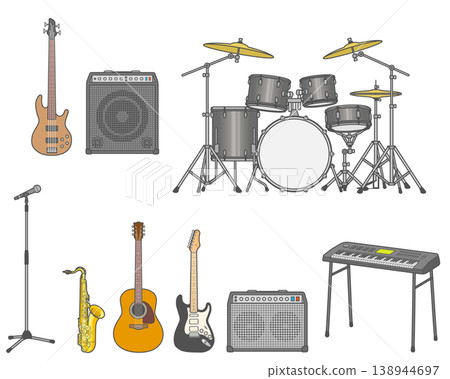 Icon set of instruments used in rock bands Icon set of instruments used in rock bands 138944697