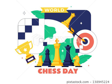 World Chess Day Vector Illustration Strategy Game Concept With Chess Pieces, Board, Trophy and Competition Theme For International Celebration Design 138945224