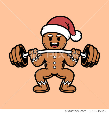 Strong Gingerbread Man Lifting Weights Christmas Illustration	 138945342