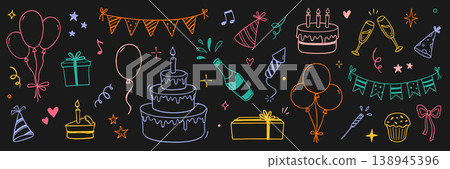 Birthday doodle color icon element. Hand drawn sketch doodle birthday cake, party gift, event hat cute decoration element. Party, carnival celebration concept background. Vector Birthday doodle color icon element. Hand drawn sketch doodle birthday cake, party gift, event hat cute decoration element. Party, carnival celebration concept background. Vector 138945396