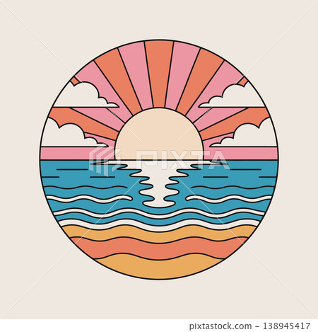 Sunset Beach Line Art Illustration Sunset Beach Line Art Illustration 138945417