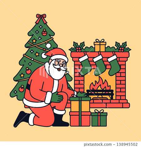 Santa with Gifts by Fireplace and Christmas Tree Illustration Santa with Gifts by Fireplace and Christmas Tree Illustration 138945502