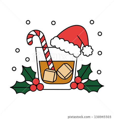 Holiday Drink with Santa Hat and Candy Cane Illustration Holiday Drink with Santa Hat and Candy Cane Illustration 138945503